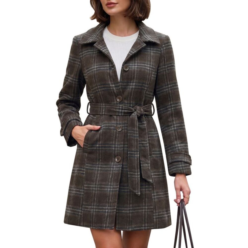 Women's Vintage Plaid Peacoat Stand Collar Winter Trench Coats Brown